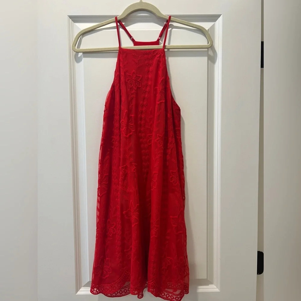 Altar'd State Red Floral Mini High Neck Shift Dress Flowy Lace Sexy Red Short - Picture 2 of 8